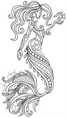 a black and white drawing of a mermaid with waves on it's back side