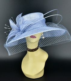 "✿*.Key Features.*✿ Sinamay petal flower with matching color beads and two quills, wide brim cover veil, very beautiful. Great for Kentucky derby, weddings, church, Easter, Royal Ascot, horse races, cocktails, tea party, or any hat wearing occasion. Hat base size: From front to back: 15.5\" (39.5 cm) From left to right: 17.5\" (44.5 cm) Wide brim Appr: 4-6\" Head girth: 22.5\"(57cm), adjustable string inside to make smaller to fit your head. If you want other colors in this style, just search th Whimsical Brimmed Party Hat, Spring Church Hat With High Crown, Summer Church Costume Hat With Pinched Crown, Spring Hat With Handmade Flowers And Curved Brim, Spring Hats With Handmade Flowers And Curved Brim, Spring Wedding Brimmed Headpieces, Spring Curved Brim Hat With Handmade Flowers, Wide Brim Mini Hat For Spring Wedding, Pinched Crown Hat For Church And Kentucky Derby