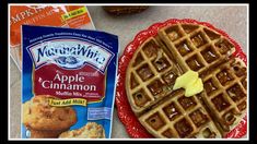 some waffles and other food on a table with a bag of apple cinnamon muffin mix