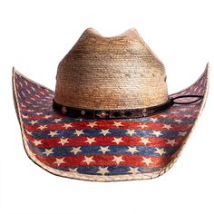 If you love this country, you'll love this Patriot hat! A straw cowboy hat with stars and stripes on the brim with a tasteful black and brown hatband. Also has silver pieces on the hatband Country Style Brimmed Sun Hat For Western-themed Events, Country Style Brimmed Sun Hat For Western Events, Western Style Sun Hat For Rodeo, Country Style Straw Hat Bands For Rodeo, Country Style Sun Hat For Western-themed Events, Patriotic Wide Brim Summer Hat, Country Style Hats For Rodeo And Country Festivals, Country Style Sun Hat With Short Brim, Country Style Curved Brim Sun Hat For Western-themed Events