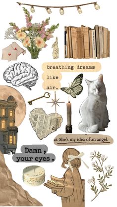 a collage of different things that include books, flowers and other things to describe