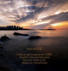 an image of a sunset over the ocean with a bible verse written in front of it