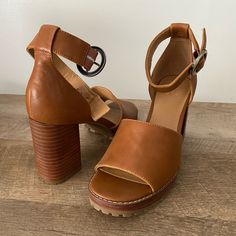 Nwot Perfect For Summer Brown Open Toe Block Heels With Padded Heel, High Heel Sandals With Heel Strap In Faux Leather, Faux Leather Open Toe Heels With Heel Loop, Faux Leather Heels With Heel Loop And Round Toe, Brown Leather Open Toe Block Heels, Brown Open Toe Block Heels With Heel Strap, Open Toe Heels With Heel Strap In Faux Leather, Faux Leather Heels With Stacked Heel And Round Toe, 4-inch Open Toe Faux Leather Heels