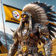 an image of a native american man standing in front of a pittsburgh football team flag