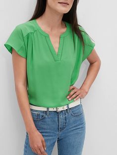 Dolman Sleeve Top | Banana Republic Factory Classic Green V-neck Top, Split Neck Workwear Top With Placket, Split Neck Placket Top For Work, V-neck Workwear Top With Placket, Casual Split Neck Top With Placket, Green Workwear Top With Placket, Green Short Sleeve Top For Work, Relaxed Fit Split Neck Top For Work, Dolman Sleeve Top