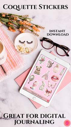 an ipad with eyeglasses on it next to some flowers and other items that include eyelashes