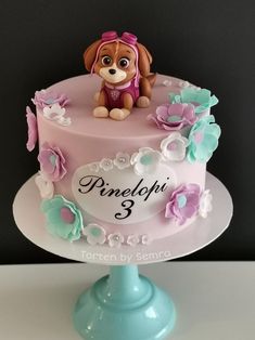 a pink and blue cake with a dog on top that says pineflop 3