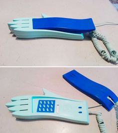 two pictures of an old style telephone with the cord still attached to it, and one is blue