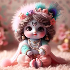 a small doll sitting on top of a pink carpet covered in flowers and feathers,