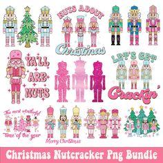 christmas nutcrackers clipart bundle with pink and green decorations, including the words merry