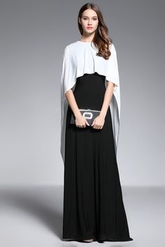 Shop affordable a-line v-neck floor-length black and white evening dress with cape online. Occasion dresses with free shipping. Black And White Evening Dress, Black And White Evening Dresses, Evening Dress With Cape, Color Block Fashion, Long Party Dresses, Ruffles Pattern, Colour Blocking Fashion, Prom Dresses Boho, Dress With Cape