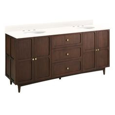 a bathroom vanity with two sinks and wooden cabinetry on the top, against a white background