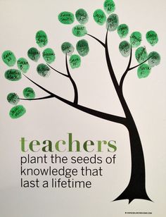 a teacher's day card with a tree made out of handwritten letters and the words teachers plant the seeds of knowledge that last a life time