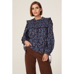 Blue floral chambray (100% Cotton). Top. Mock neck. Long sleeves. Back button closure. 23" from shoulder to hemline. Imported. Sea New York, Smocked Top, Rent The Runway, Cotton Top, Chambray, Blue Floral, Mock Neck, Smocking, Blouses For Women