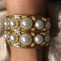 Gold, Pearls, 2"X2.5" Opening, Clam Snap Spring Closure, Spring Party Jewelry, Gold Bracelet For Formal Occasions In Spring, Formal Gold Bracelet For Spring, Bead Woven Bracelet, Filigree Bracelet, Coin Bracelet, Enamel Bangle, Glass Bracelet, Rhinestone Heart