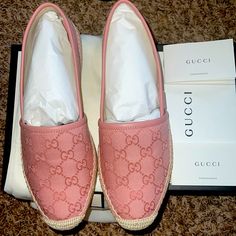 These Stylish Shoes Are Crafted Of Pink Gucci Monogram Canvas With A Natural Reinforced Toe. So Comfy. Never Worn Before. Comes With Dust Bag, Tags, Authenticity Card, Box!! Gucci Pink, Soft Pink Color, Gucci Monogram, Espadrille Shoes, Gucci Shoes, Stylish Shoes, Bag Tags, Card Box, Monogram Canvas