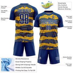 the front and back of a blue and yellow soccer uniform with information about how to wear it