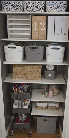 an organized closet with bins, baskets and other items on the shelves before and after