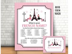 a pink and white poster with the words what is your french name? on it