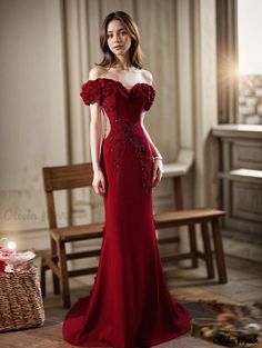 Olivia Mark - Burgundy Mermaid Wedding Gown with Shoulder Detail for Elegant Brides Skirt Wedding Dress, Wedding Evening Gown, Tail Dress, Mermaid Evening Gown, Bridal Elegance, Wedding Gowns Mermaid, Elegant Maxi Dress, Elegant Bride, Camisole Dress