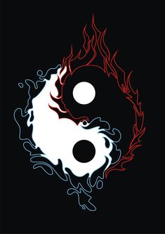 two black and white yin - yang symbols with flames in the center on a black background