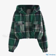 Orcajump - Preppy Hooded Plaid Zipper Jacket, Casual Long Sleeve Fashion Loose Outerwear, Women's Clothing Long Sleeve Fashion, Sleeve Fashion, Zipper Jacket, Outerwear Women, Knit Fabric, Women's Clothing, Plaid, Zipper, Clothes For Women