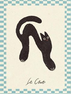 a black cat sitting on top of a blue and white checkered tablecloth with the words le chat written below it