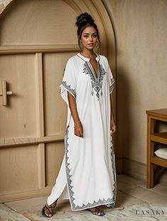 Lasaky - Womens Plus Size Boho Maxi Beach Cover Up Dress with Floral Embroidered Batwing Sleeves and Notched Neckline Embroidered Long Maxi Dress For Vacation, Beach Embroidered Dress With V-neck And Embroidered Hem, Beach Maxi Dress With Embroidered Hem, V-neck Embroidered Dress For Beach With Embroidered Hem, Long White Embroidered Dress For Vacation, White Maxi Dress With Embroidered Hem For Beach, White Long Embroidered Dress For Vacation, White Embroidered Long Dress For Vacation, Traditional White Dresses For Beach Season