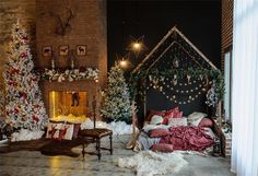 a living room decorated for christmas with decorations