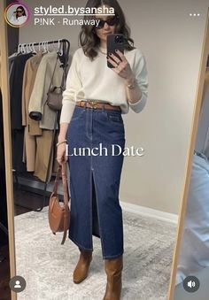 Blue Suede Skirt Outfit, Denim Midi Skirt And Boots, 70s Denim Skirt Outfit, Long Jean Skirt Outfits Summer Casual, Denim Midi Skirt Outfit Autumn, Midi Denim Skirt Outfits, Winter Denim Skirt Outfit, Midi Denim Skirt Outfit Fall, Denim Maxi Skirt Outfit Winter