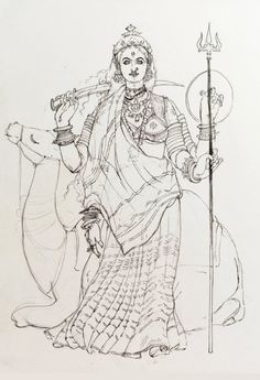 a drawing of a woman holding a staff