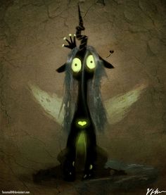 a digital painting of an alien creature with glowing eyes and horns on his head, standing in front of a cracked wall