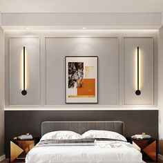 a bed with white sheets and pillows in a bedroom next to two lamps on the wall