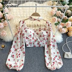 Tavimart Sweet Flower Bubble Sleeve Short Style Waist - Exposed Blouse Neck Lace - Up Chiffon Low Waisted Pants, Harajuku Grunge, Cargo Pants Streetwear, Grunge Baggy, Blouse Neck, Bubble Sleeve, Low Waisted, Khaki Color, Neck Lace