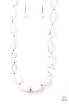 Separated by dainty gold beads, mismatched sections of icy, crystal-like, and white acrylic beads are threaded along an invisible wire across the chest for a colorful flair. Features an adjustable clasp closure. Sold as one individual necklace. Includes one pair of matching earrings. Mixed Metal Jewelry, Jewelry Images, Paparazzi Accessories, White Necklace, Paparazzi Jewelry, White Acrylic, Acrylic Beads, Gold Beads, Matching Earrings