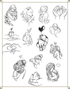 some drawings of people and animals in black and white, with the words love written on them