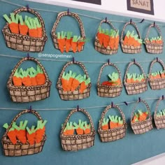 carrots in baskets are hanging on the wall