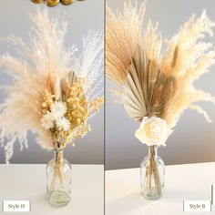 two vases with flowers and feathers in them