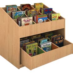 a wooden book shelf filled with books on top of each other in front of a white background