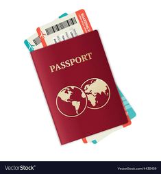 a red passport and boarding tickets on a white backgrounge background with clippings