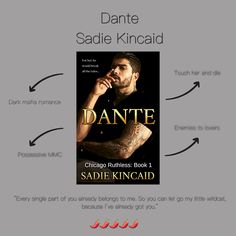 the cover to dante by sadie kingard, with an arrow pointing towards it