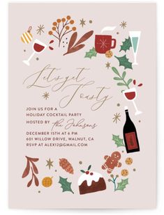 an elegant holiday party with wine, champagne and holly wreaths is featured in this festive card