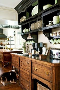 a dog is standing in the middle of a kitchen with wooden cabinets and open shelving