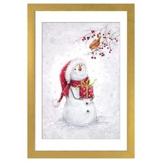 a painting of a snowman holding a present