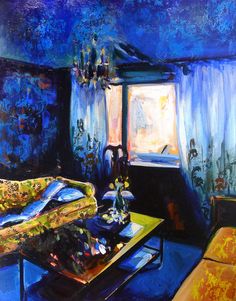 an oil painting of a living room with blue walls and yellow couches in it