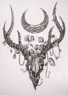 a drawing of a bull skull with horns and flowers on it's back end