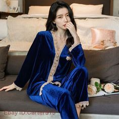 Top Seller for Golden Velvet Pajamas Women's Warm Long Sleeved Cardigan Lace Suit Nightgown Set, Women Tops Long Sleeve Winter Sleepwear, Long Sleeve Blue Nightgown For Home, Winter V-neck Sleepwear, Blue Long Sleeve Nightgown For Lounging, Elegant Blue Sleepwear For Sleepover, Elegant Blue Sleepwear For Lounging, Elegant Long Sleeve Robe For Sleepover, Velvet Sleepwear, Velvet Pajamas