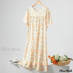 Olivia Mark - Cotton Silk Short Sleeve Sleep Dress Casual Loose Fit Synthetic Cotton Nightgown Home Wear Short Sleeve Floral Print Nightgown For Home, Short Sleeve Floral Sleep Dresses, Short Sleeve Floral Print Sleep Dresses, Spring V-neck Nightgown For Home, Casual White Floral Print Nightgown, Casual Short Sleeve Nightgown For Spring, Casual V-neck Floral Print Nightgown, Casual Summer Nightgown With Floral Print, Relaxed Fit Nightgown For Summer Home Wear