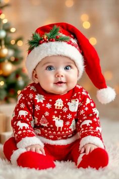 a baby wearing a santa hat sitting in front of a christmas tree