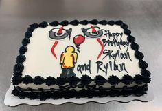 a birthday cake decorated with an image of a person holding a balloon and the words happy birthday, andy and ryan